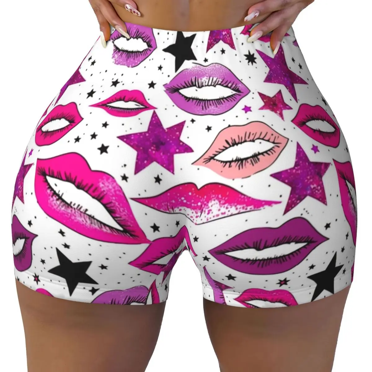 

Custom Lipstick Kiss Red Lips Prints Pattern Gym Running Volleyball Shorts Women's Workout Yoga Shorts