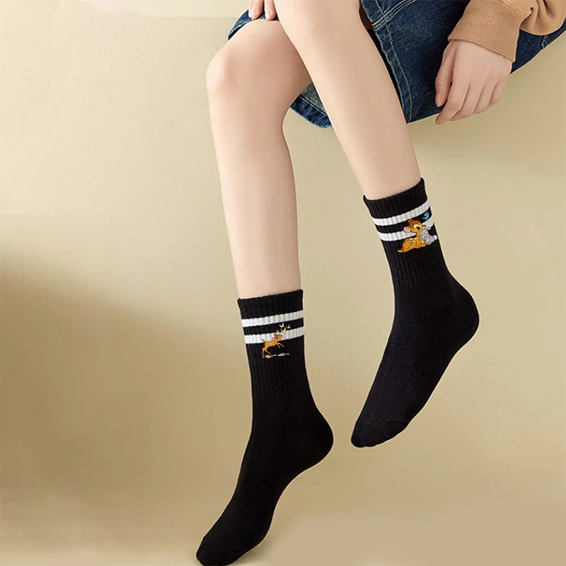 2024 New Cartoon Bambi Thumper Women's Mid Tube Socks Fashion Breathable Sports Socks Classic Parallel Bar Pattern Sweat Socks