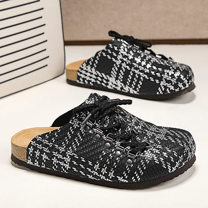 Genuine Leather Couple Covered Rivet Toe Men's Cork Clogs Luxury Slippers For Women Four Seasons Mules Arch Support Beach Shoes