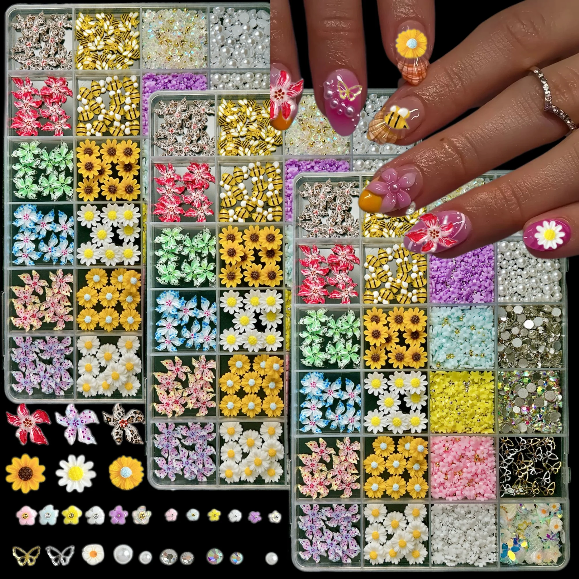 1 caja de dijes de resina para uñas con flores manchadas de colores degradados, Mini mariposa, vitalidad, naranja, girasol, abeja, decoraciones artísticas para uñas DIY