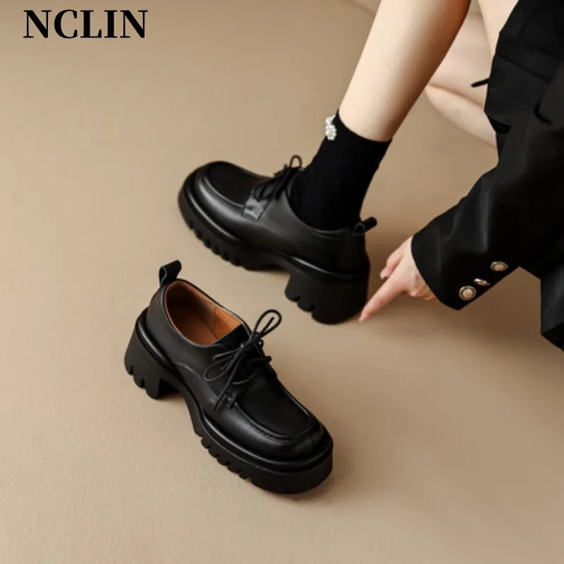 Spring/Summer Women Shoes Chunky Heel Round Toe Platform Shoes Women Genuine Leather Shoes High Heel Loafers Zapatos De Mujer