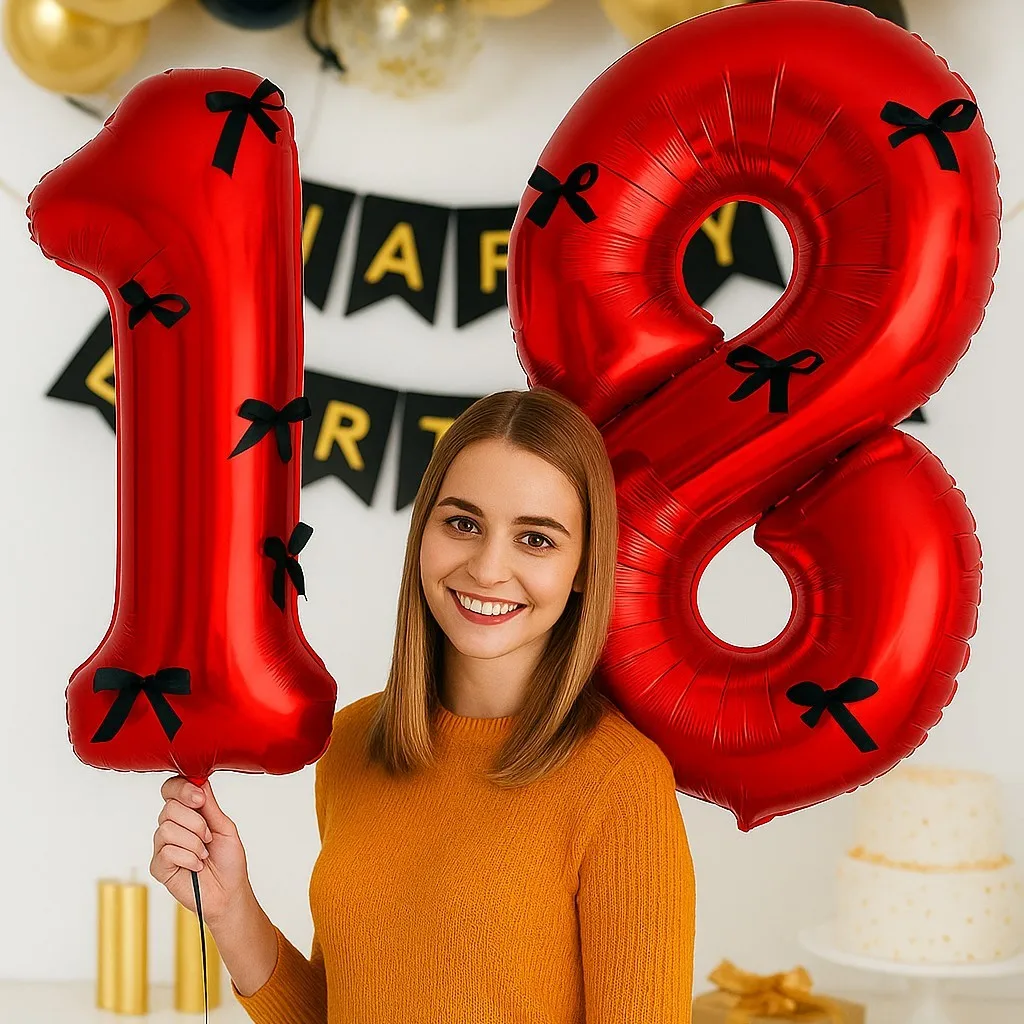 Ballon en aluminium avec chiffres rouges de 32 pouces, avec 5 nœuds noirs et points de colle, pour mariage, anniversaire, Festival, décoration de fête