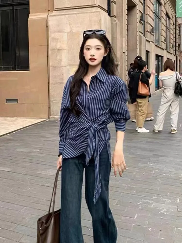 

Spring Early Striped Women's irt Waist Cinched Long Sve Irregular Design Korean Sle Sweet Straight Cut Polyester Fiber