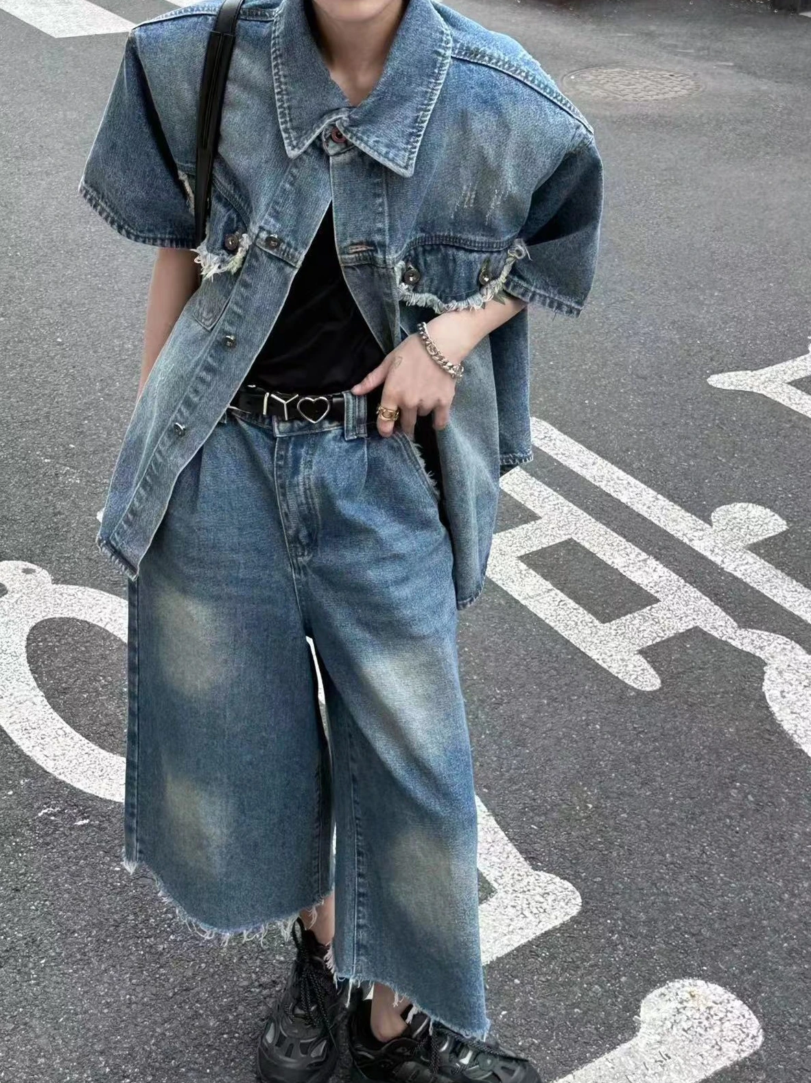 

Retro American Denim Jaet Men's ort Sve irt Jaet Youth Trendy Brand Cotton Wear Resistant Summer Faion