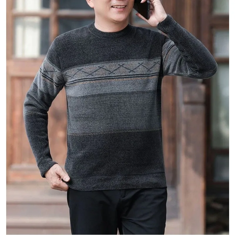

Autumn Winter New Style Fleece Lined Thickened Sweater Middle Aged Men's Crew Neck Warm Chenille Knit Base Layer Shirt