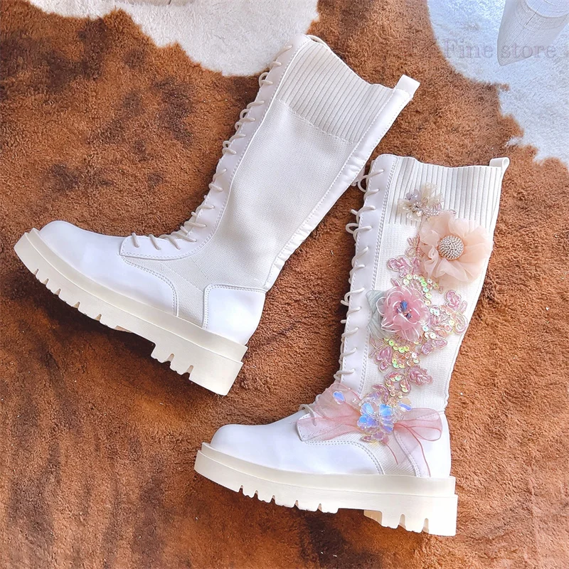 Sweet 3D Floral Sequins Bling Women White Platform Long Sock Boots Strecth Fabric Female Fashion Lace Up Mid-Calf Martin Shoes