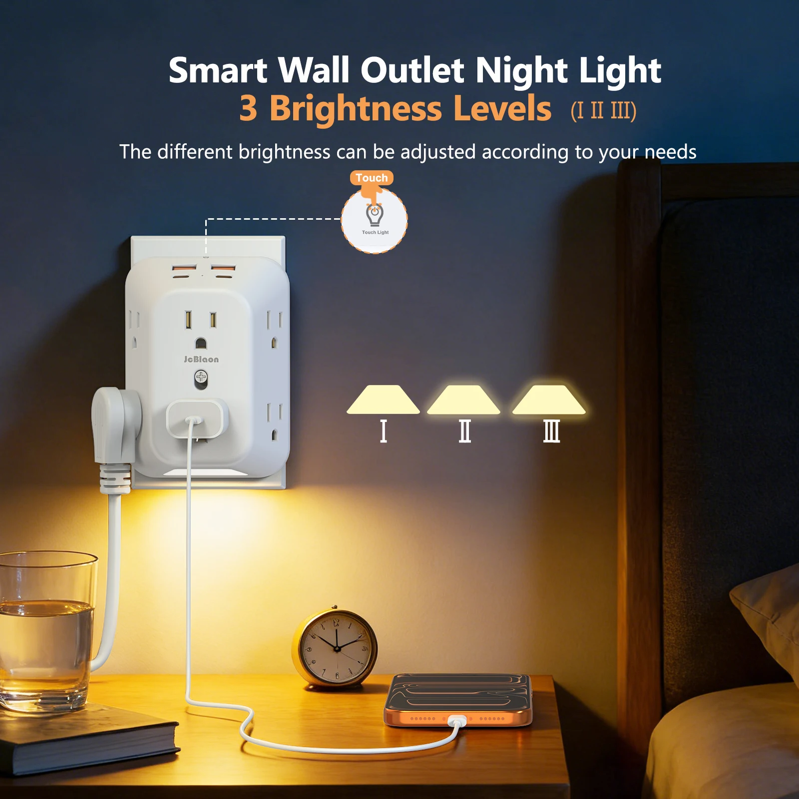 US Plug Multi Socket Induction Night Light Wall Socket 6AC Outlets 4USB Port(2 Type C), Power Strip Network Filter Fast Charging