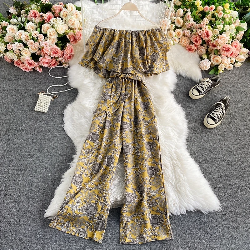 

Floral Wide Leg Jumpsuit Women's Summer High Waist Slimming Bellovi oulder Bared One oulder ort Sve Jumpsuit