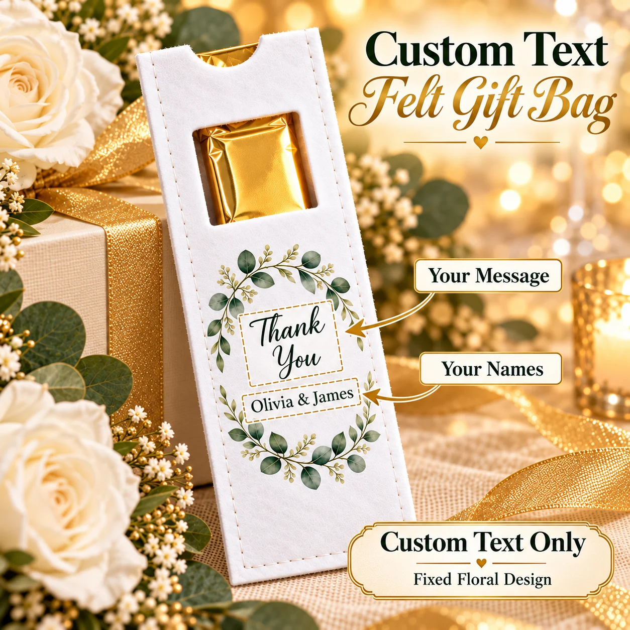 Custom Text and Photo Felt Gift Bags 10pcs Personalized White Pouches for Weddings Birthdays Holidays and Unique Event Keepsakes