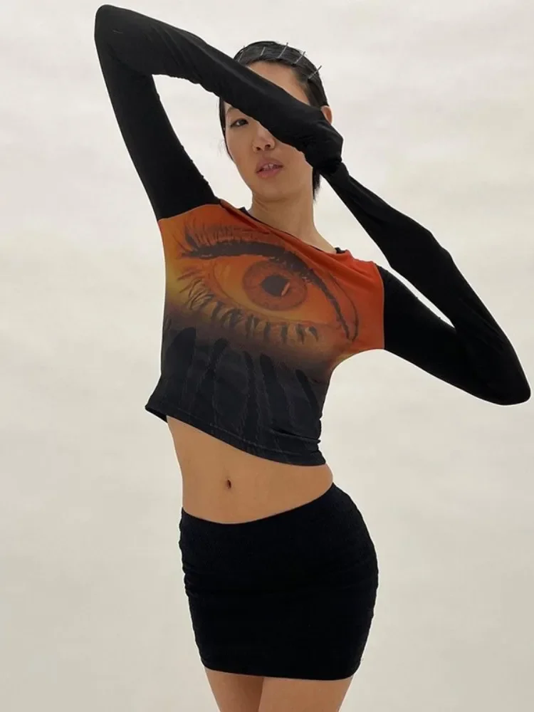 

Eyes Printing Crop Top Women Aesthetic Clothes Mesh Streetwear Y2k Accessories Graphic T Shirts Long Sleeve Ropa Mujer Camisetas