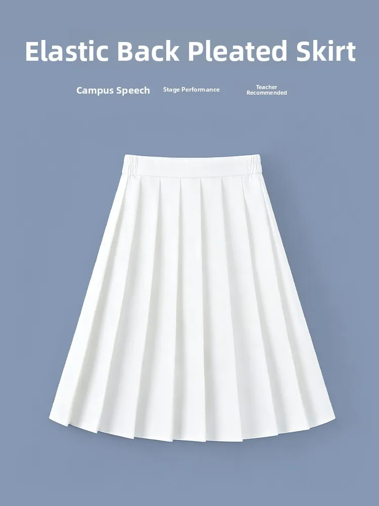 White A-Line Midi Skirt for Girls Anti-Wrinkle Easy Care High Waist Bicolor Spring Summer Autumn School Uniform Style Versati...
