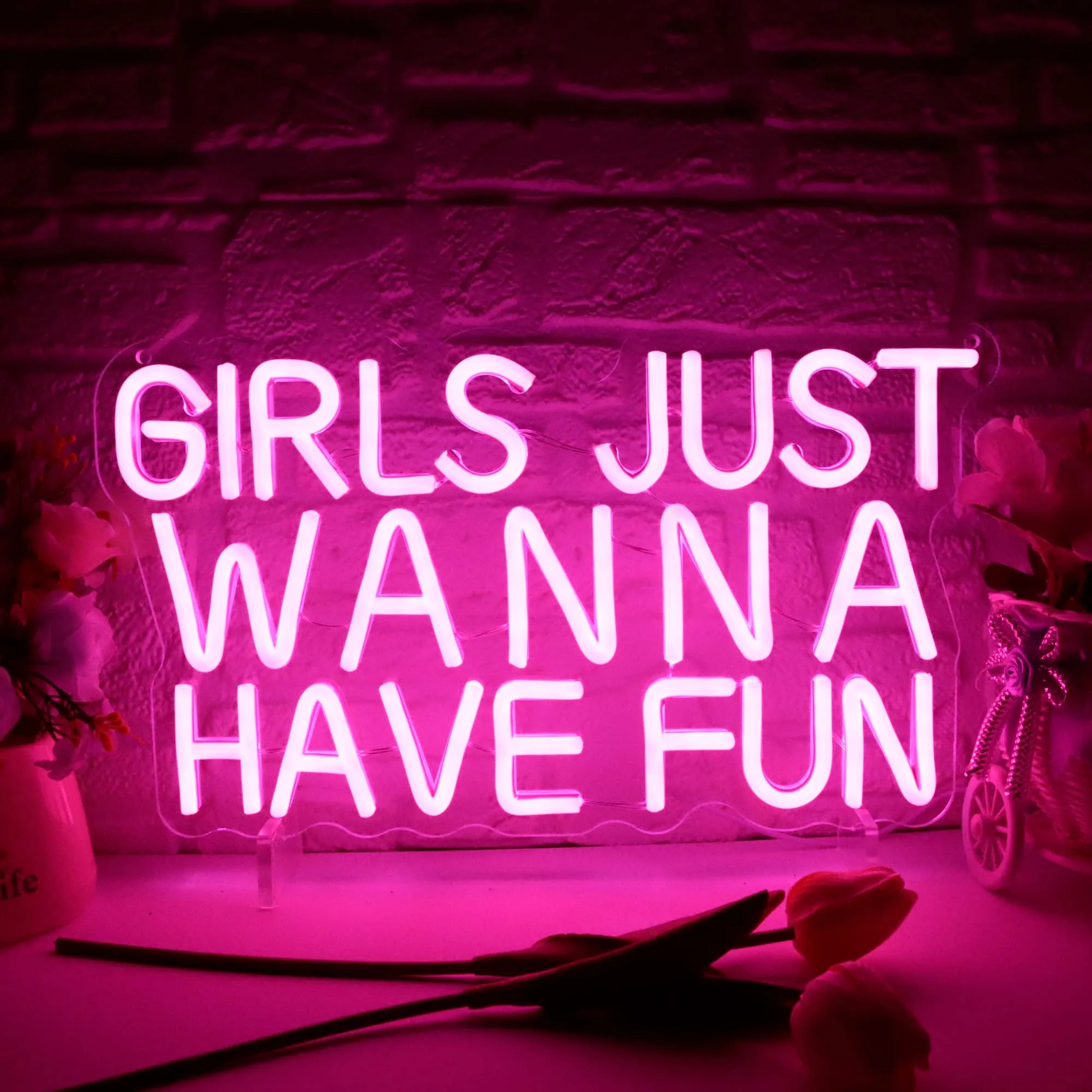 Girls Just Wanna Have Fun Neon Sign for Wall Decor Wedding Party Girl Neon Light Sign USB Powered for Teen Birthday Gift