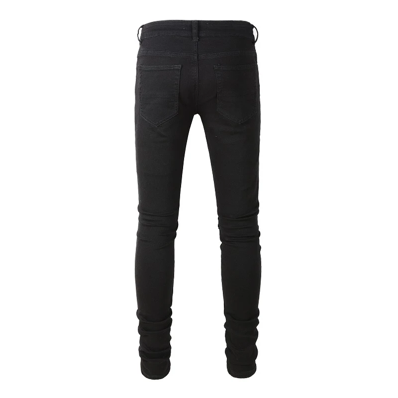 Herren Jeans mit Silber-Leder-Patches, Streetwear, Skinny Tapered Stretch Denim Hose mit Löchern, Ripped Patchwork Schwarze Hose – Detail 5