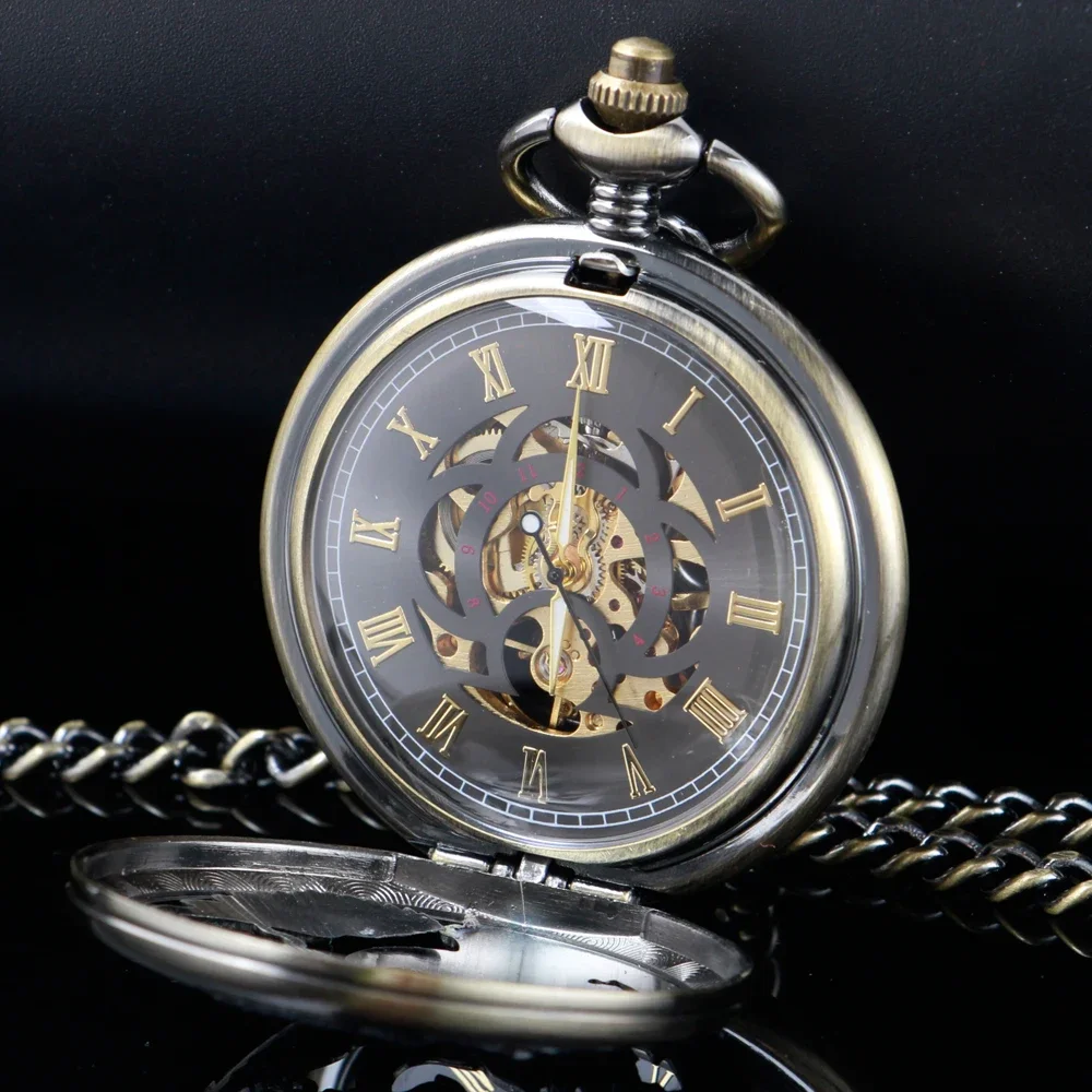 NEW Men Brown Mechanical Hand Wind Pocket Watch With Chain Steampunk Vintage Roman numerals Pocket Fob Watch