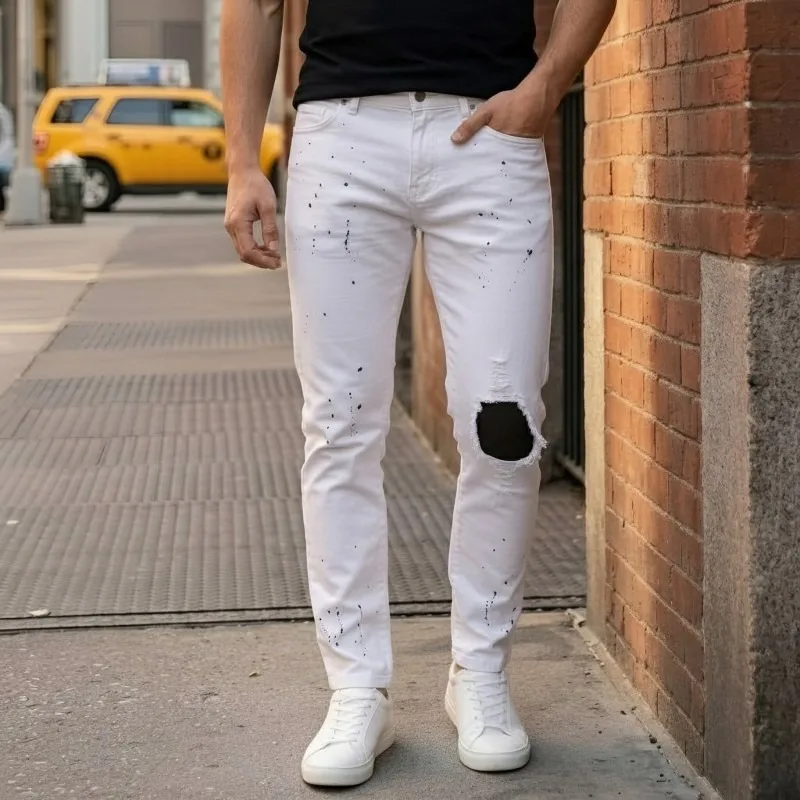 European American Mens High Street Jeans Trendy Patch Decor Stretch Straight Leg Casual Long Denim Trousers For Men