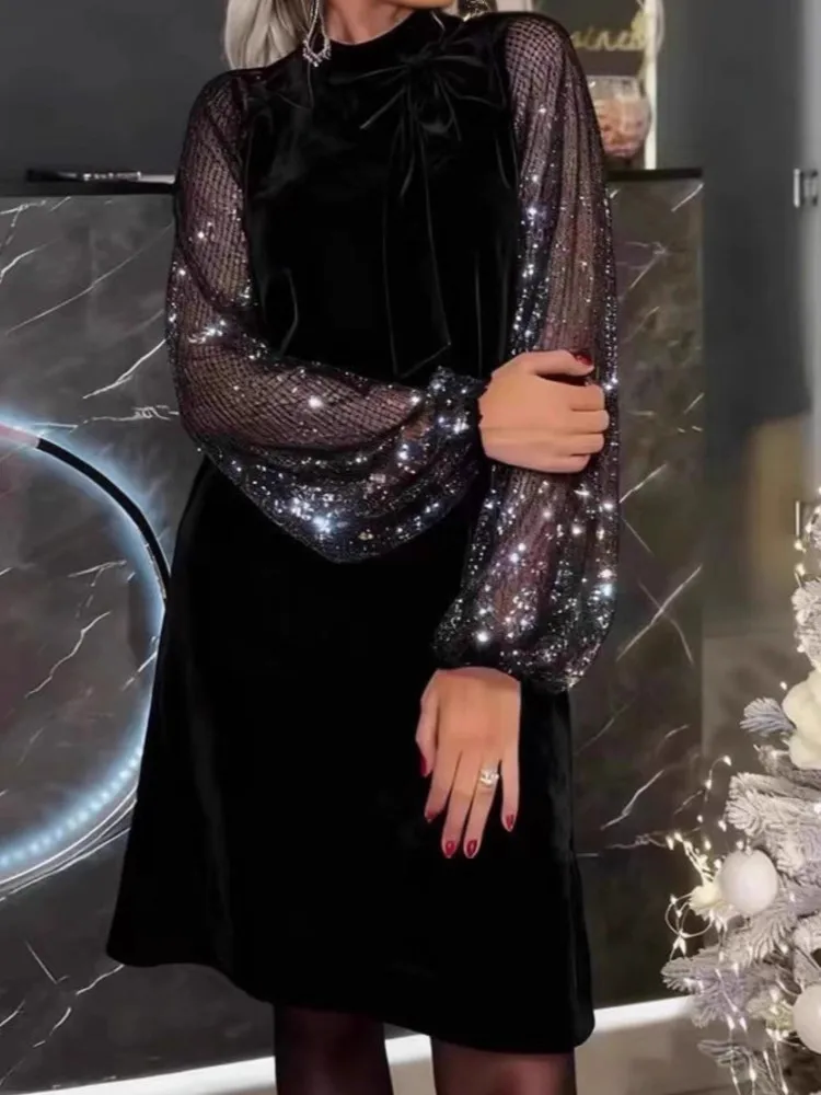 فستان شفاف مزين بالترتر للنساء أنيق مرقع وأكمام طويلة ورقبة دائرية فساتين فضفاضة رداء نسائي للعطلات أنيق جديد #2