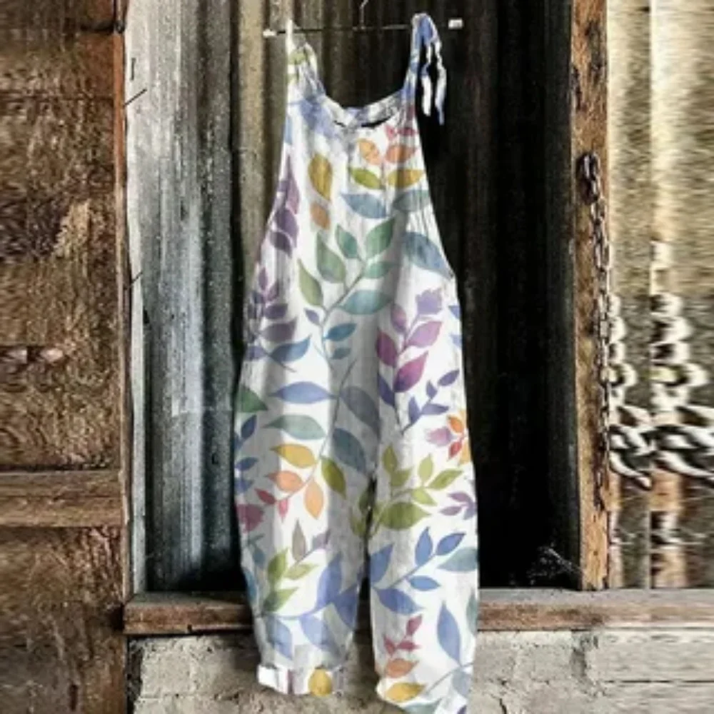 Summer 2025 women's trendy jumpsuit, 3D sunflower print simple and cute loose jumpsuit, adjustable shoulder straps