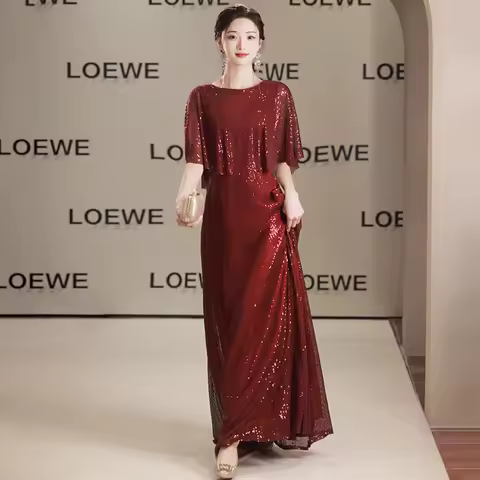 Solid Color Chorus Performance Gown Women's Light Luxury Sequins Long Evening Dress Simple Shiny Shawl Design Evening Dress