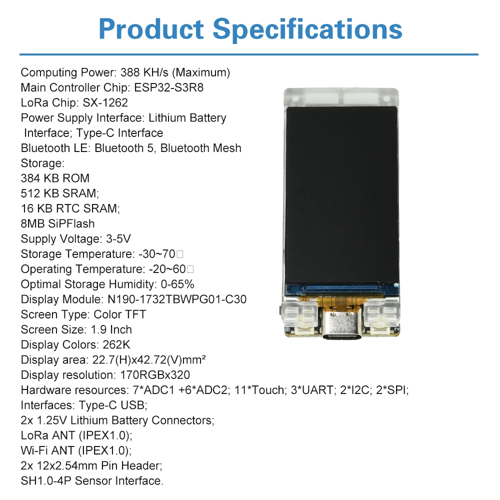 HelTec ESP32-S3R8 Development Board with WiFi Bluetooth Dual-Mode 1.9-Inch TFT Screen Hash Rate 388KH/s Type-C Port for Mining