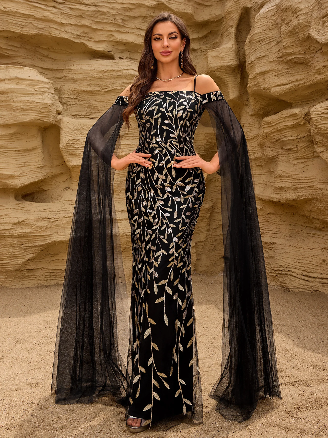 

New Arrival Gown with Floating Sleeves Evening Dress Fine Strap Embroidered Wedding Party Dress Mermaid Shape Slim