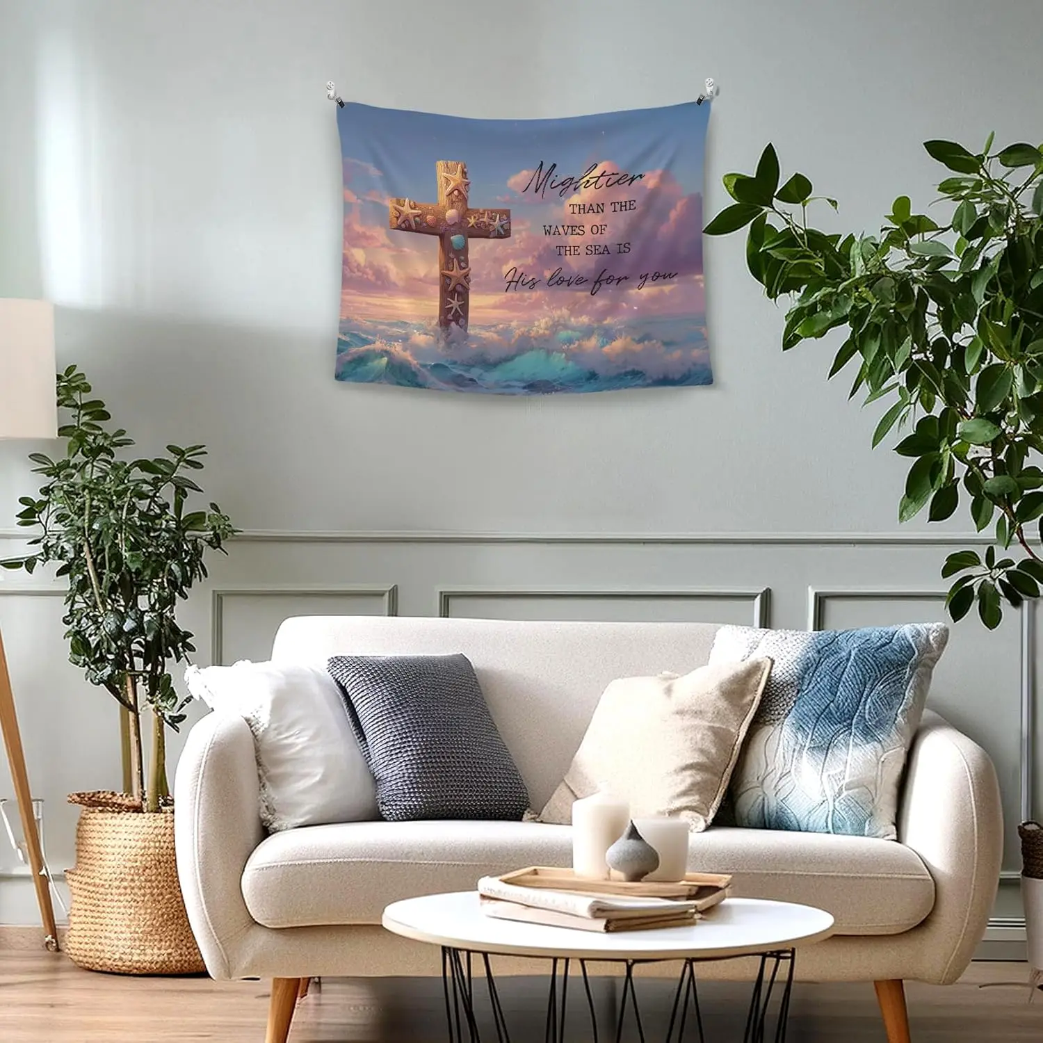 Christian Cross Coastal Ocean Tapestry Wall Hanging for Bedroom,Pink Beachy Seashell Bible Verse Wall Hanging Decor Tapestry for