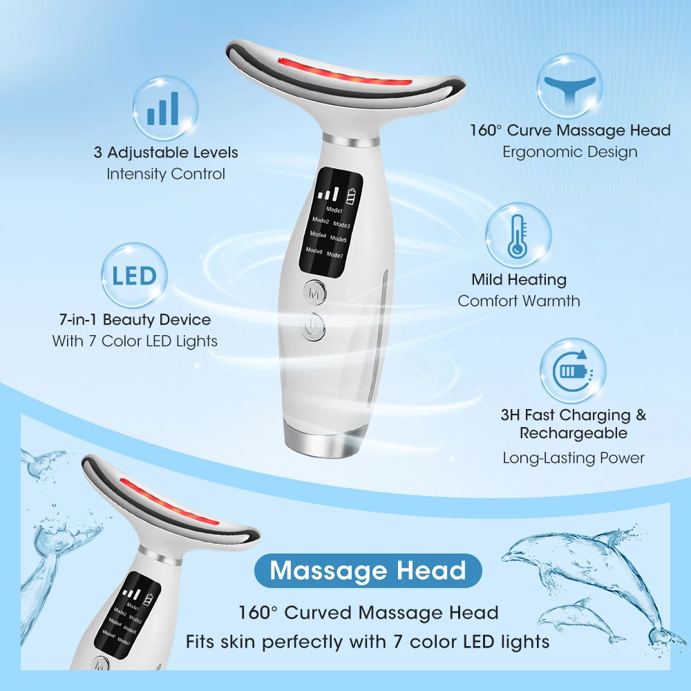 7 Color LED Neck and Face Massager, High Vibration Heating Beauty Device, Rechargeable Skin Care Tool for Lifting and Firming
