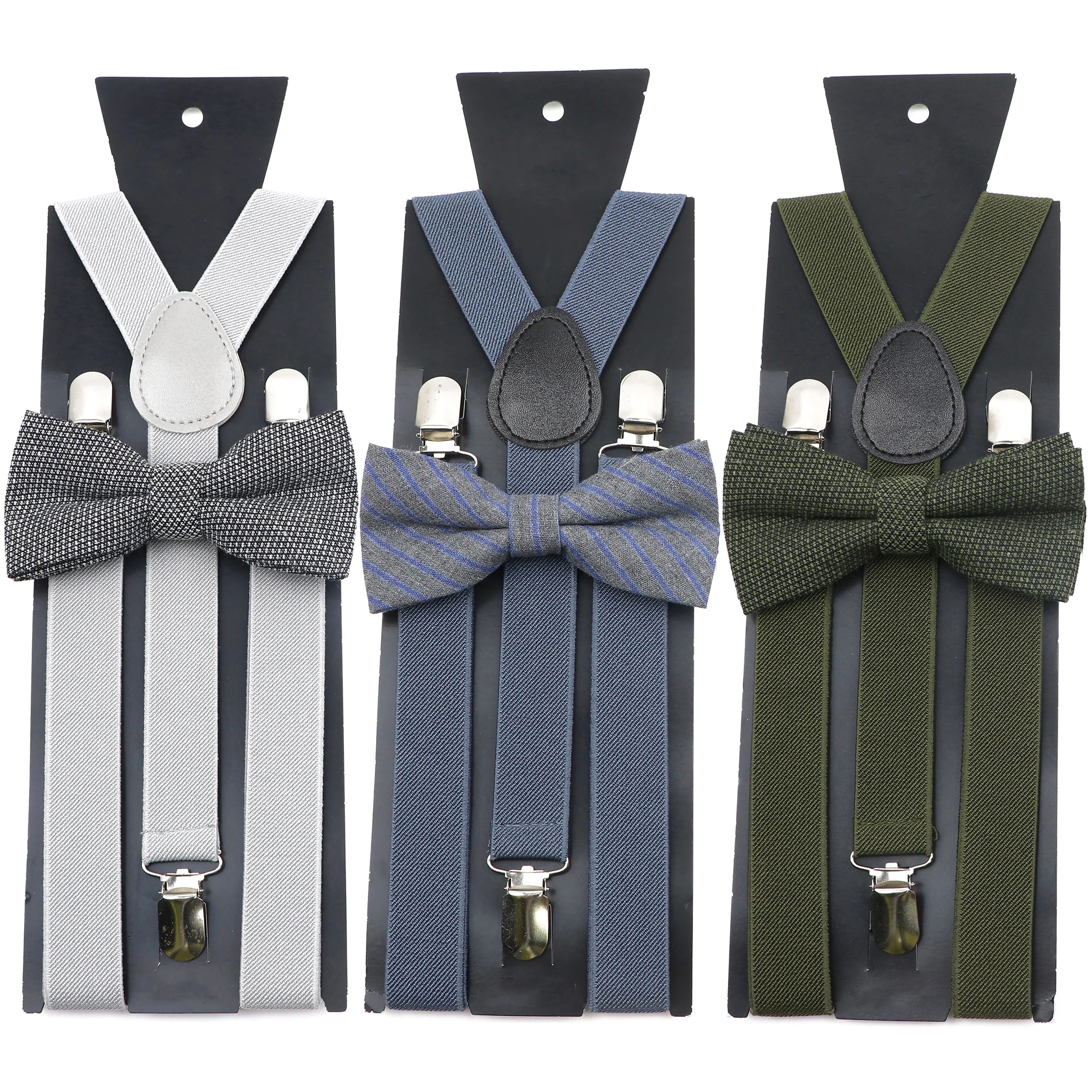 Cor sólida Elastic Couro Suspender Striped Bowtie Set Hot Clássico Homens Terno Camisa Acessório Festa Casamento Jantar Y-Back Braces