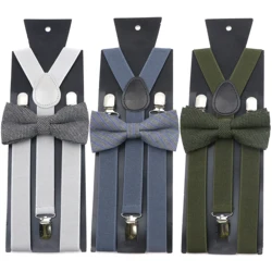 Solid Color Elastic Leather Suspender Striped Bowtie Set Hot Classic Men Suit Shirt Accessory Party Wedding Dinner Y-Back Braces