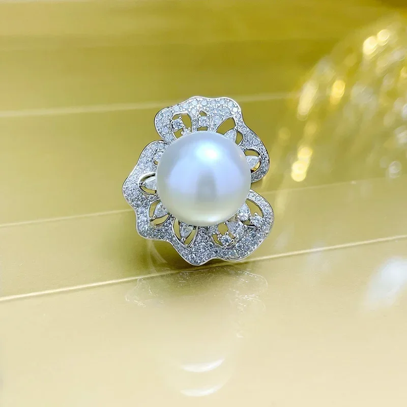 925 Silver Ring Luxury Australian White Pearl Large Ring Premium 14mm Round Aurora Classic Simple Wedding Jewelry