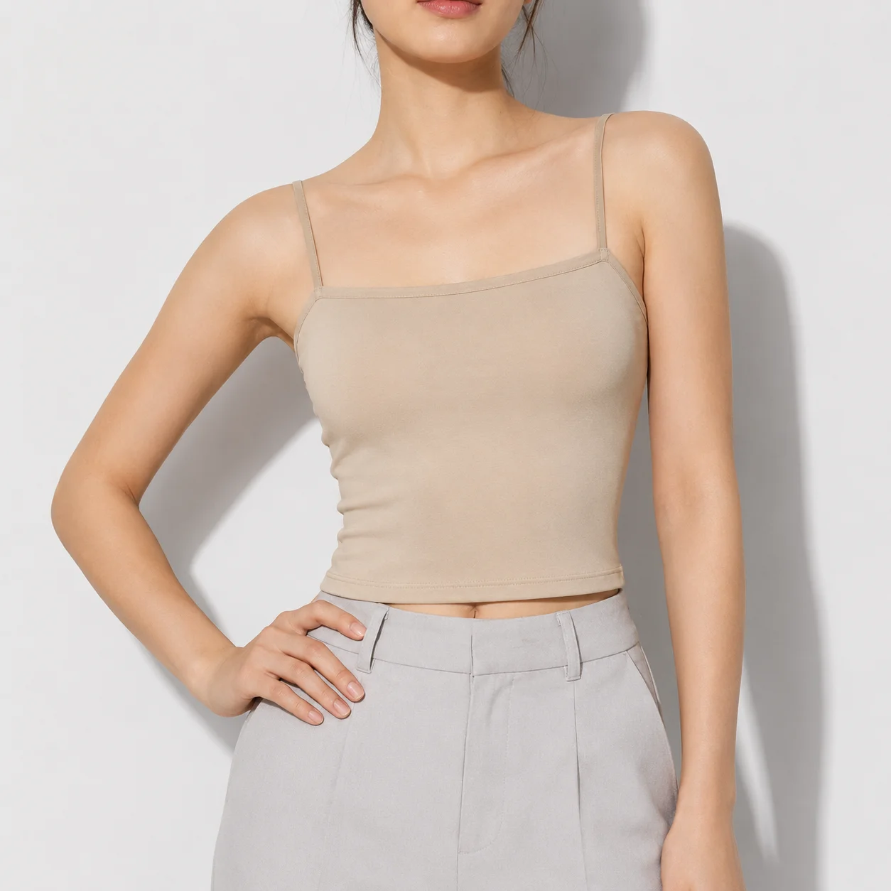 Best Selling Thin Spaghetti Strap Camisole for Women Straight Neck Form Fitting Daily Wear Tank Top