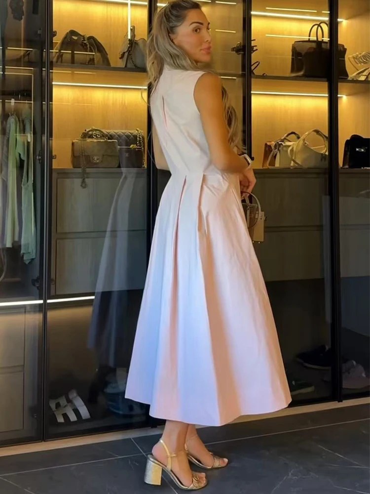TFMLN Women's Chic Pink Midi Dresses Summer New Sleeveless Bow Lace-Up Long Dress Elegant Ladies Street Commuting Clothes - view 2