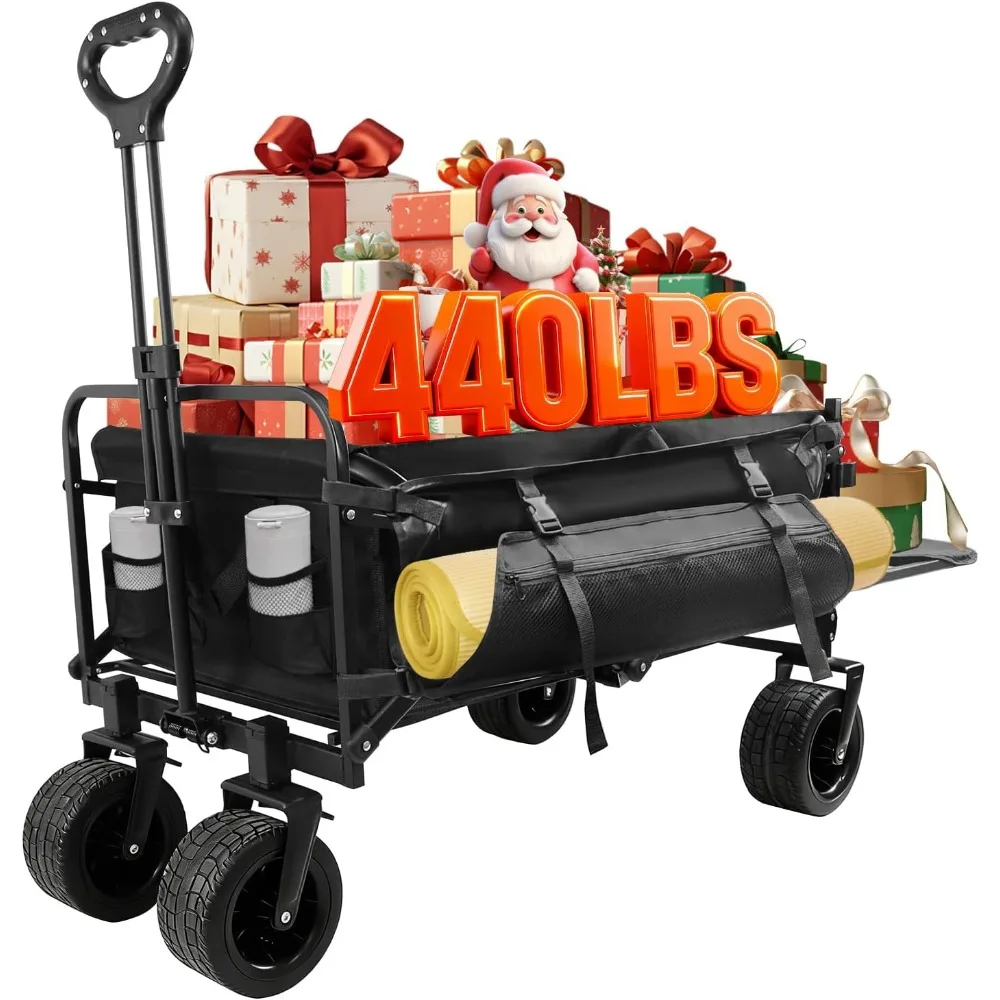 

440 LBS Wagons Carts Foldable, Folding Collapsible Wagon Cart with Big All-Terrain Wheels & Cup Holders, Utility Graden Carts fo