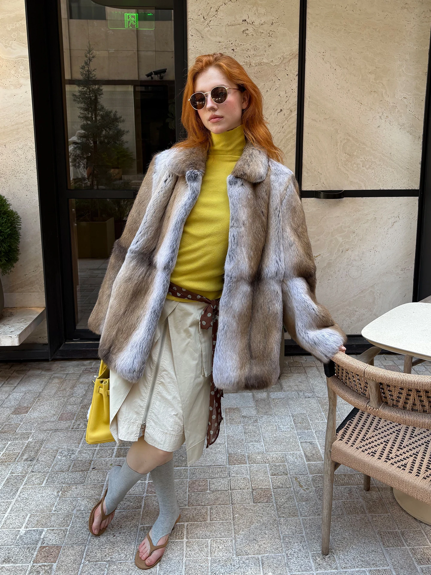 

Romantic Hippie Faionable Spray Painted Lapel Knife Sve Whole Skin Rabbit Fur Coat Medium Length Women's Outerwear