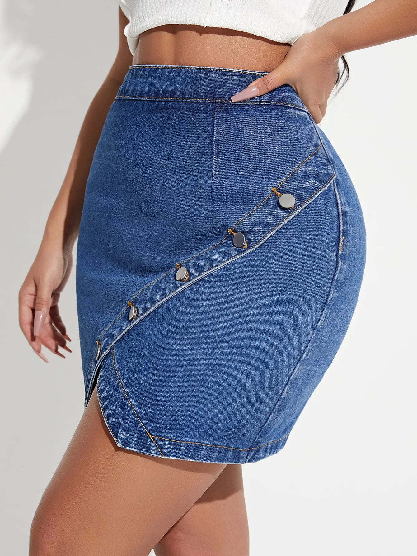 

Street trendsetter blue high waisted irregular denim group street clothing denim short skirt