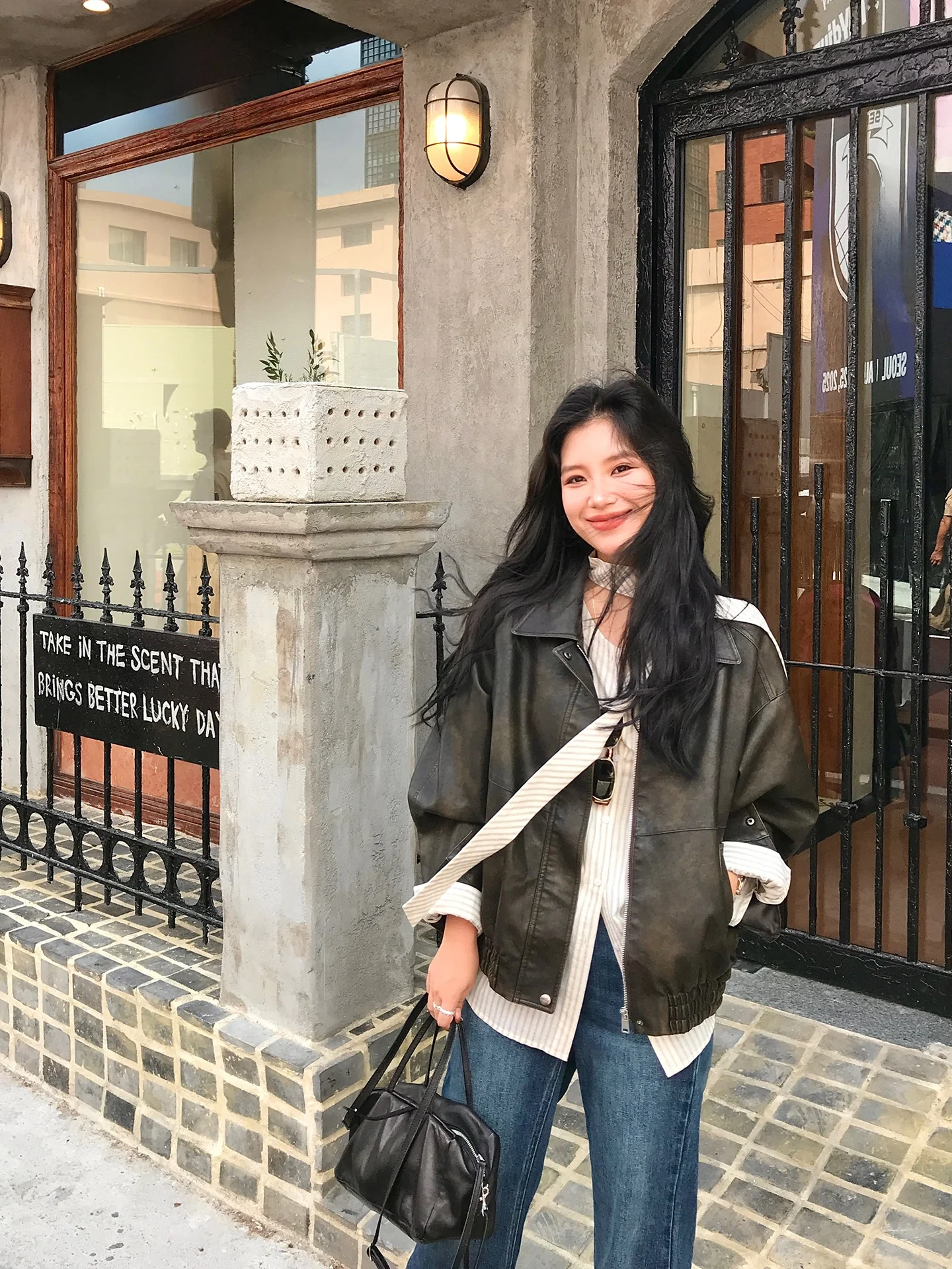 

Slimming Waed Color Rubbing Leather Jaet Women's Loose Fit Fall Versatile DaqianwithU Long Sve Zipper PU Coat