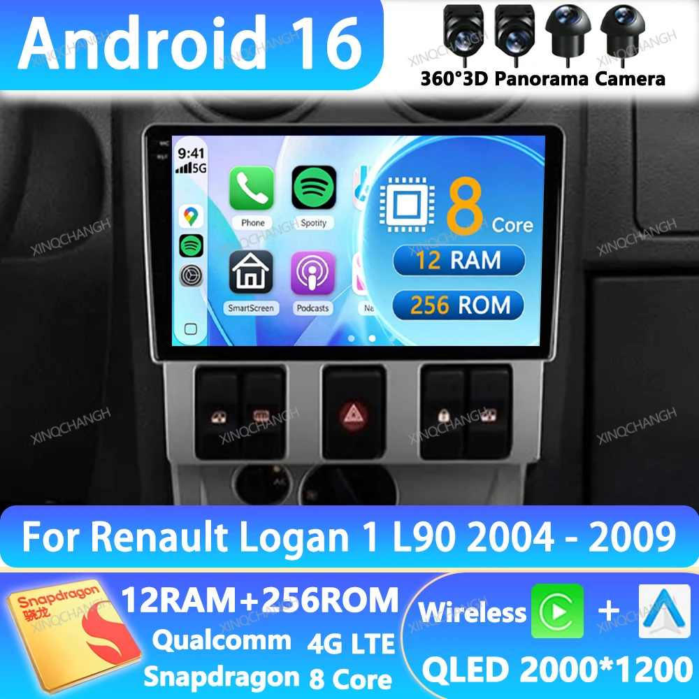 Radio para Auto Android 16 para Renault Logan 1 L90 2004 - 2009, Unidad Principal de Navegación QLED, 4G WIFI, 2DIN, GPS, BT, Reproductor Multimedia de Video