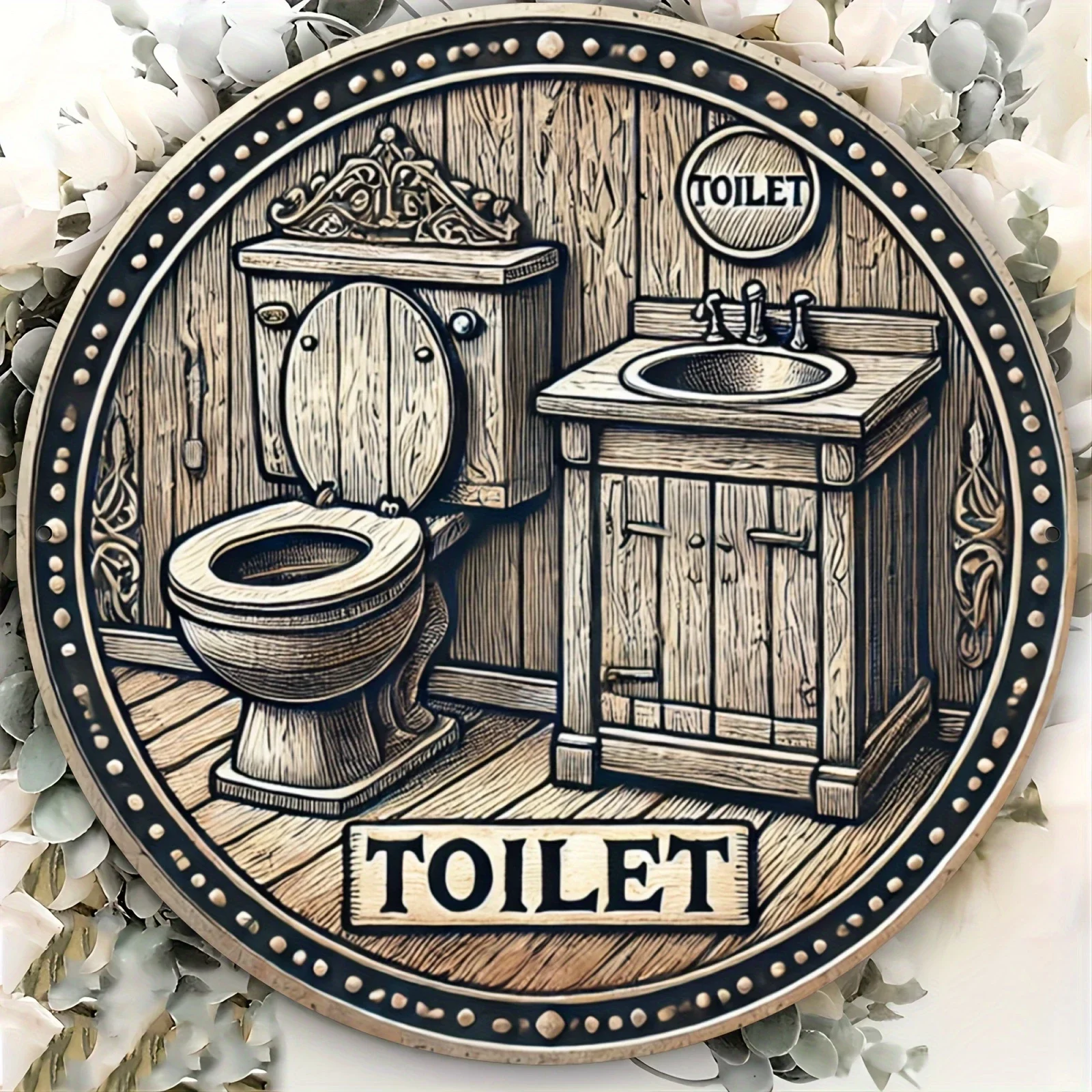 1 Piece 2D Vintage Rustic Wooden Toilet Theme 20cm Round Wooden Wall Art Sign Easy to Hang Durable Home Garden Bar Cafe Room