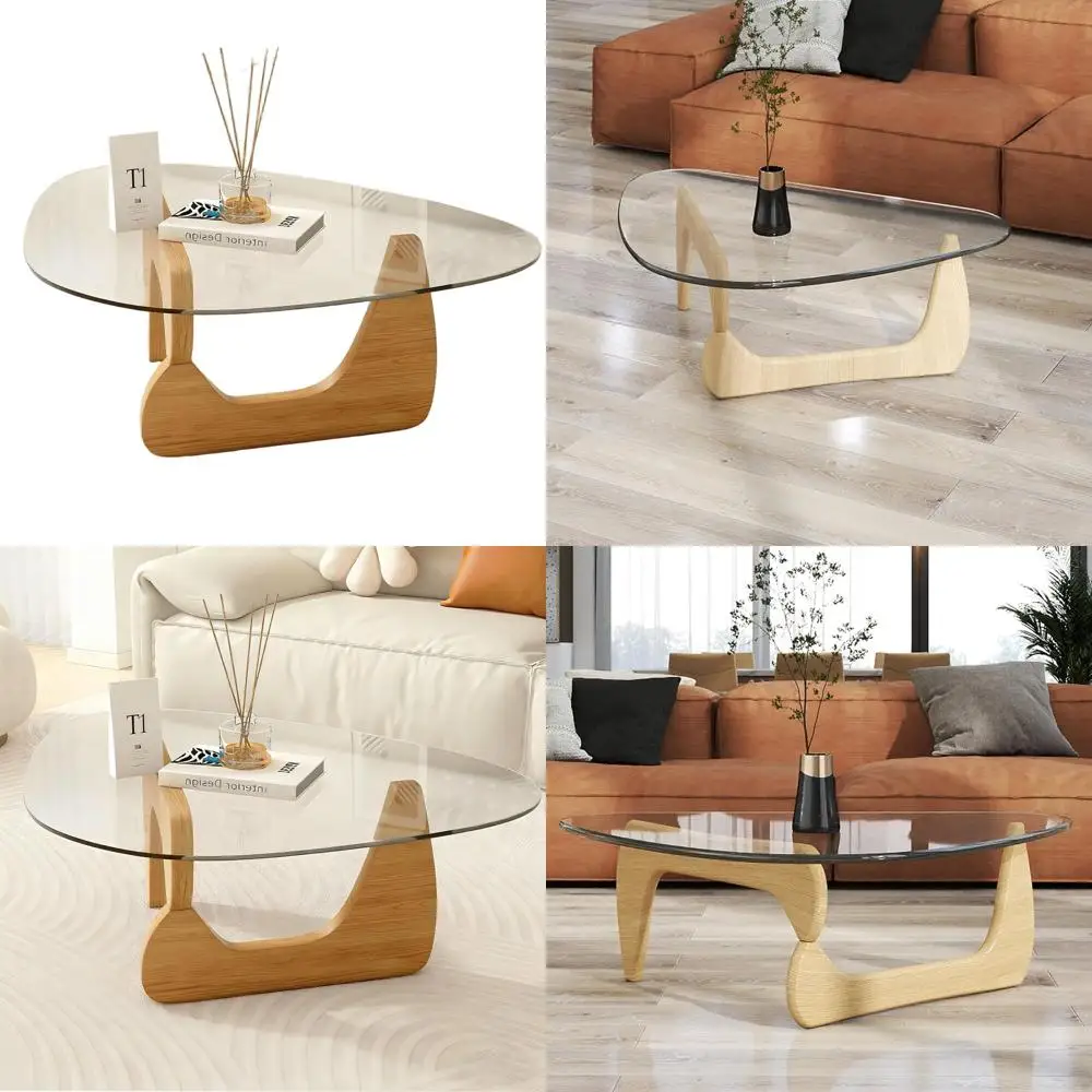 

Mid-Century Modern Glass Top Coffee Table, Light Wood Legs, Ideal for Small Spaces, Easy Assembly, Farmhouse Style