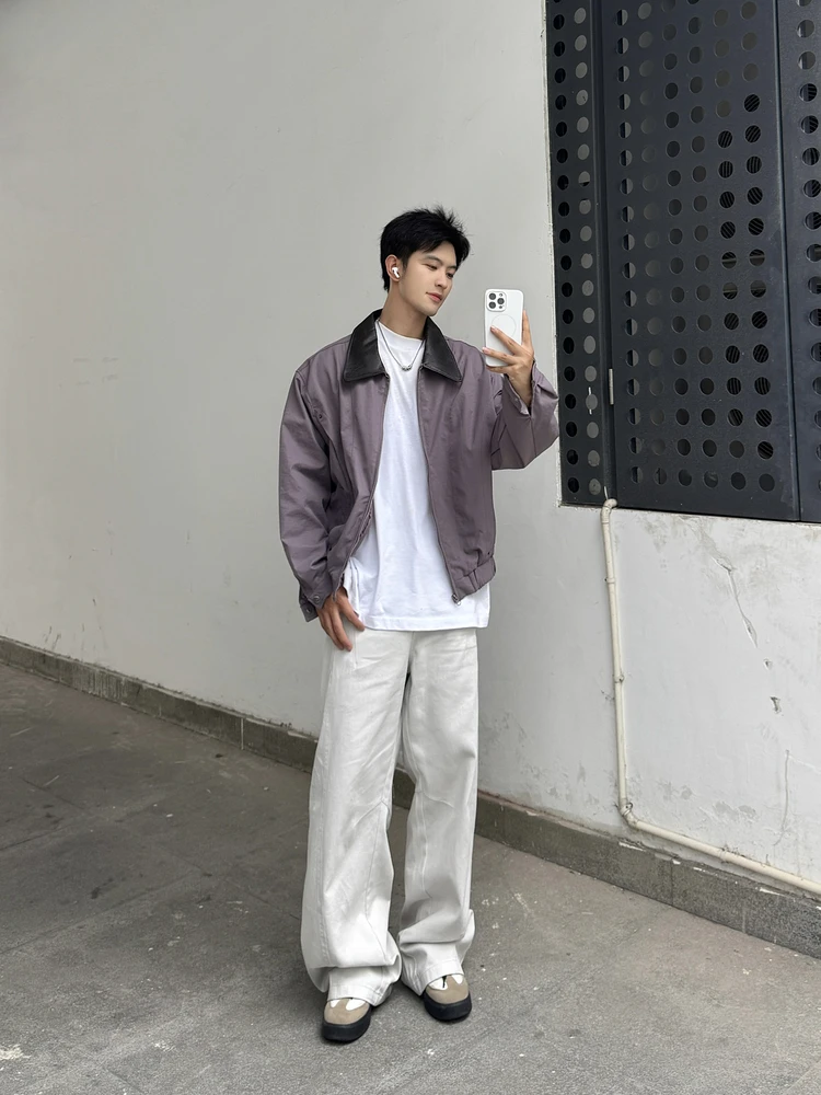 

Casual Men's Jaet with Leather Collar Deconstructed Design Loose Fit American Retro Splicing Autumn Design Sense Jaet