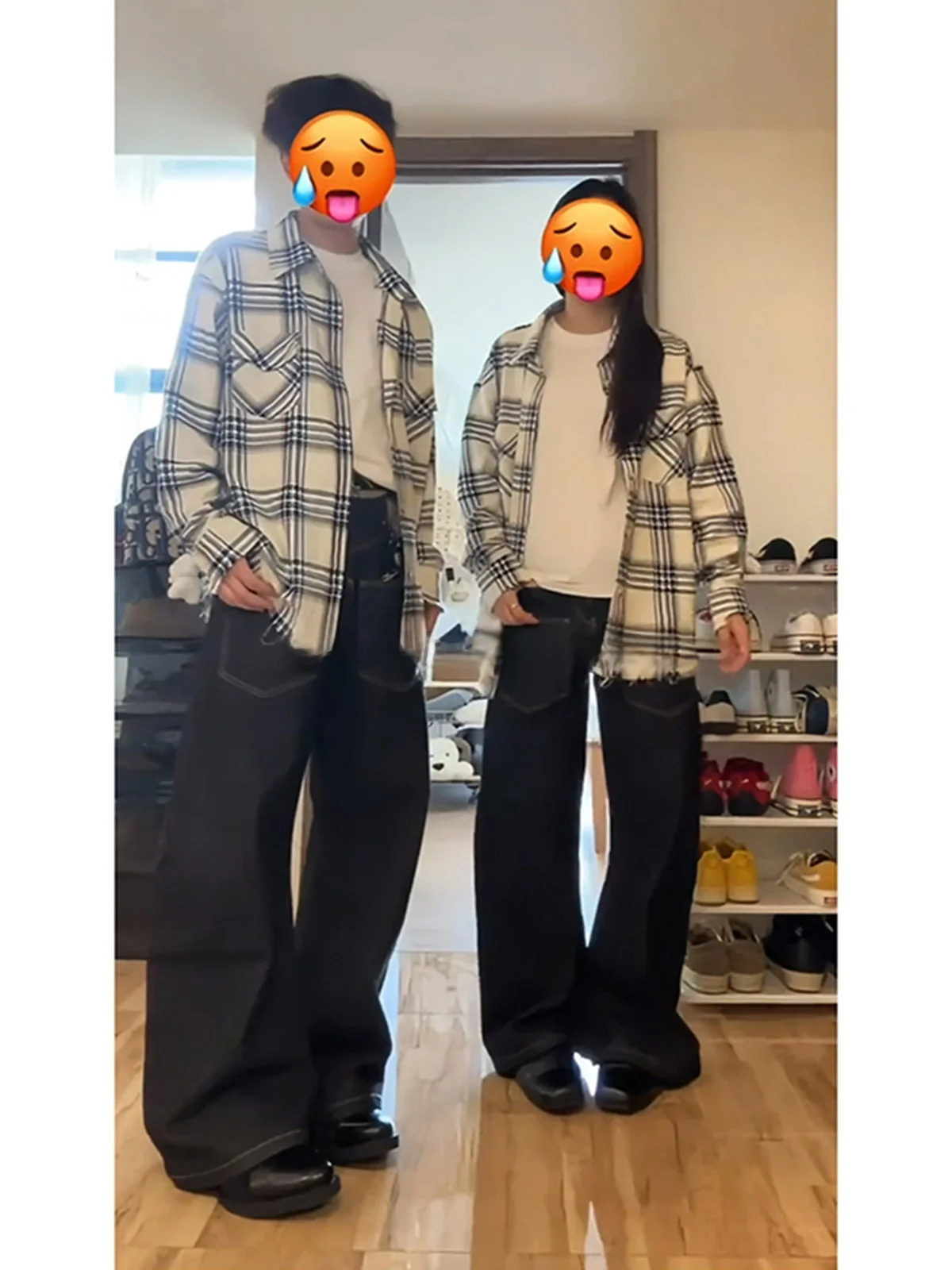 

Retro American Sle Men's Long Sve irt with Tassel Destruction White And Blue Plaid Spring Cleanfit Couple's irt Jaet