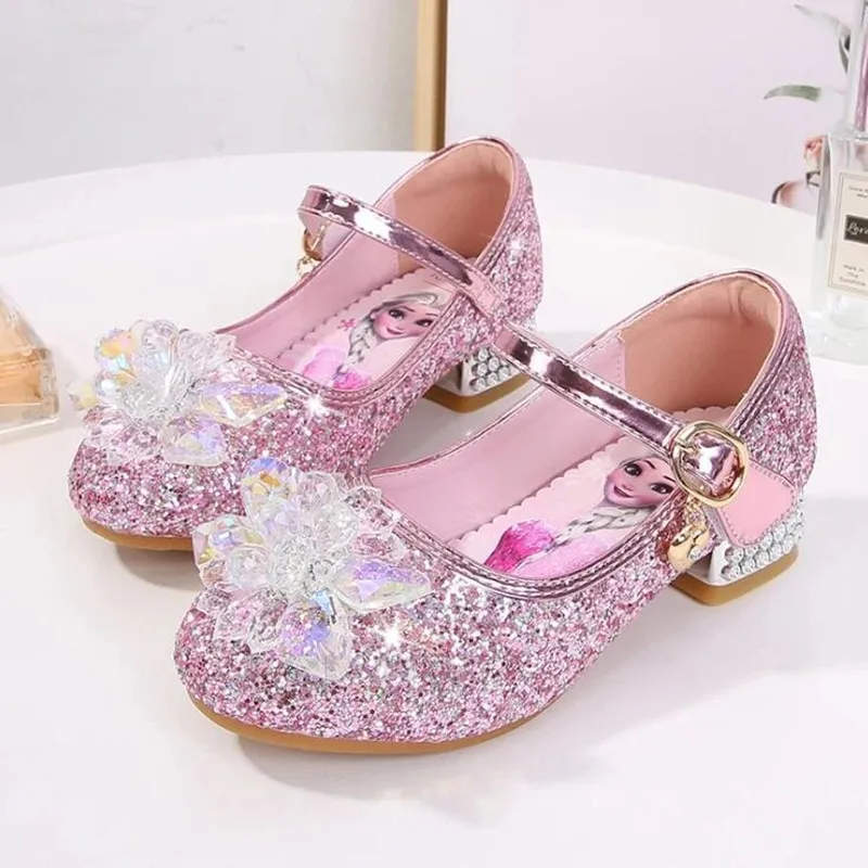 

Disney cartoon girls casual Frozen shoes children high heeled shoes elsa princess frozen cartoon bowknot leather Crystal shoes