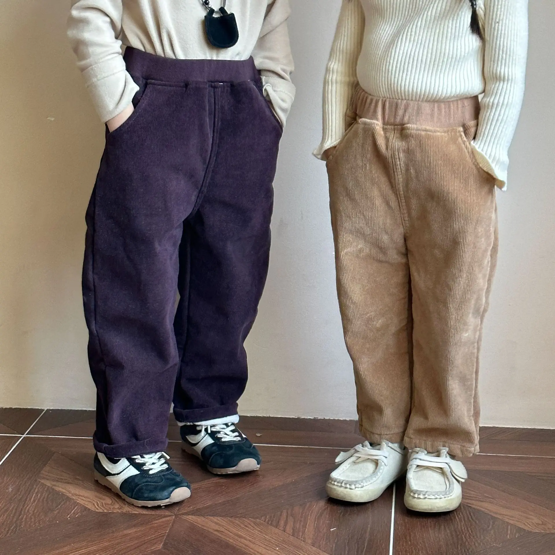 2024 Autumn Winter Childrens Boys Velvet Pants Corduroy Thick Solid Elastic Waist Toddler Boys Casual Pants Kids Boys Trousers