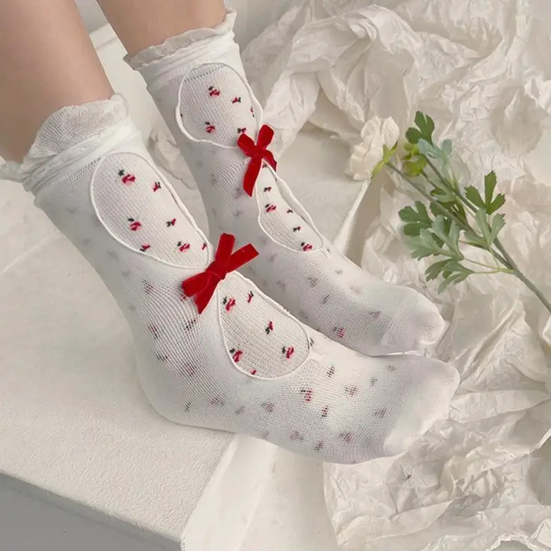 

195E Women Frilly Ruffled Trim Socks Japanese Vintage Floral Print Hollow Out Double Layer Mesh Sweet Bow Tube