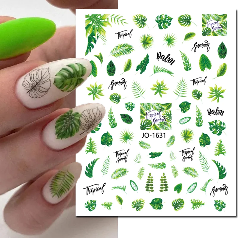 3d Nail Art Stickers Tropical Green Palms Leaves Flowers Flamingo Adhesive Sliders Nail Decals For Manicures Tips Decorations