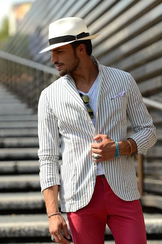 

Men's Suit Cotton Linen Loose Striped Thin Casual Suit for Men
