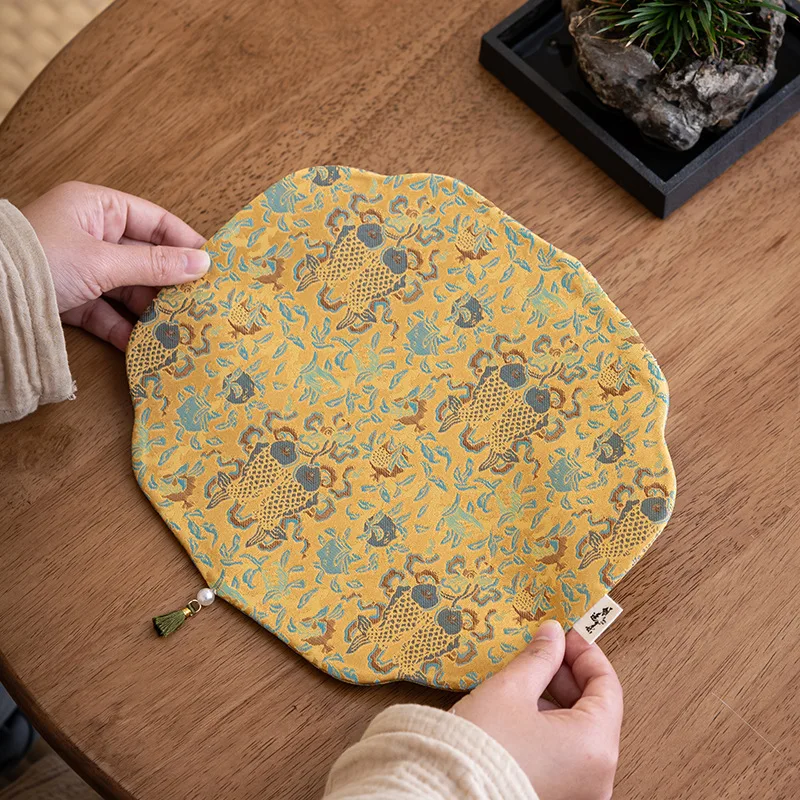 Chinese Style Woven Brocade Tea Mat Floating Light Gold Dry Zen style Tea Ceremony Light Luxury Handmade Double-sided Teapot Pad