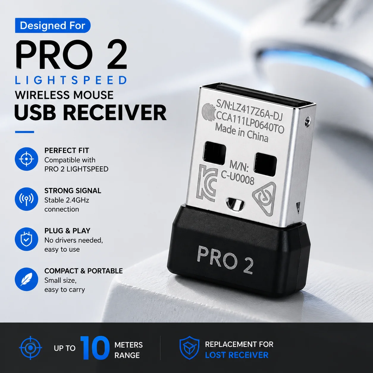 Mouse Receiver Adapter Replacement Wireless Dongle Adapter for Logitech G Pro 2 LIGHTSPEED Wireless Gaming Mouse 2.4GHz