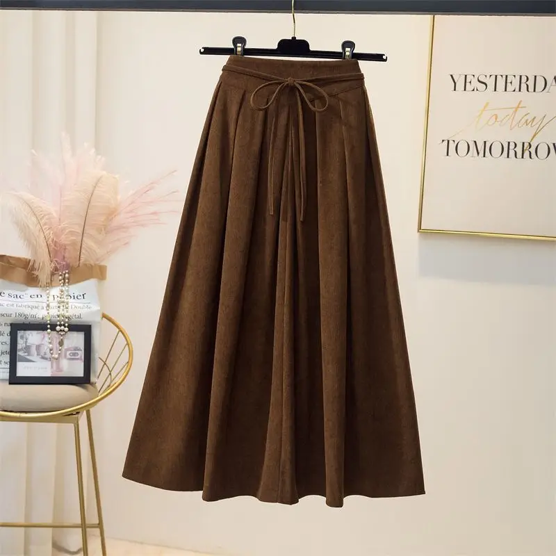 

Винтажная мода, осень-зима, новая женская вельветовая однотонная эластичная плиссированная юбка трапециевидной формы средней длины со шнуровкой и высокой талией