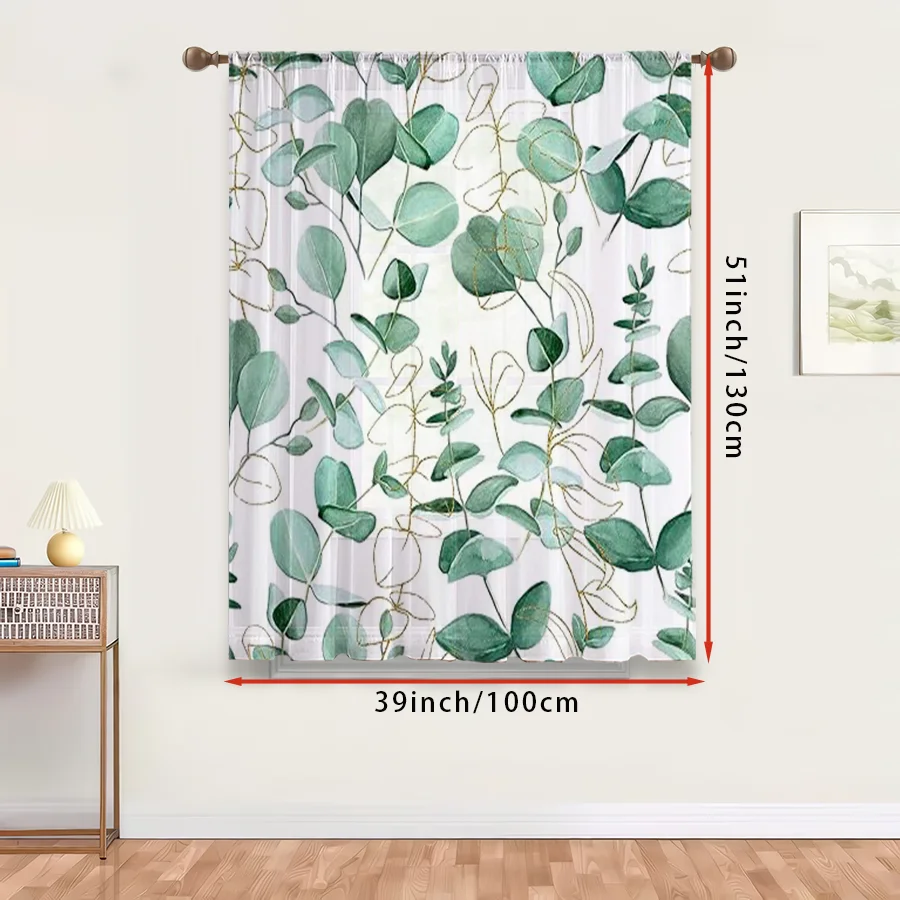 1PC Sheer Curtain Eucalyptus Leaf Golden Line Print, Rod Pocket Window Curtain for Living Room Luxury Home Decor