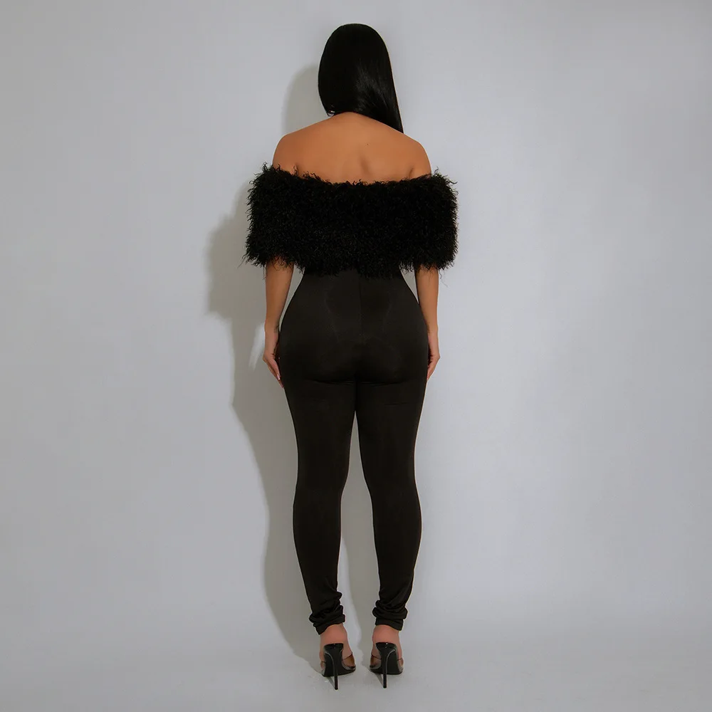 Fluffy Faux Fur Patchwork Skinny Jumpsuits Women Sexy Slash Neck Off Shoulder Slim Party Overalls 2025 Fall Winter Casual Romper